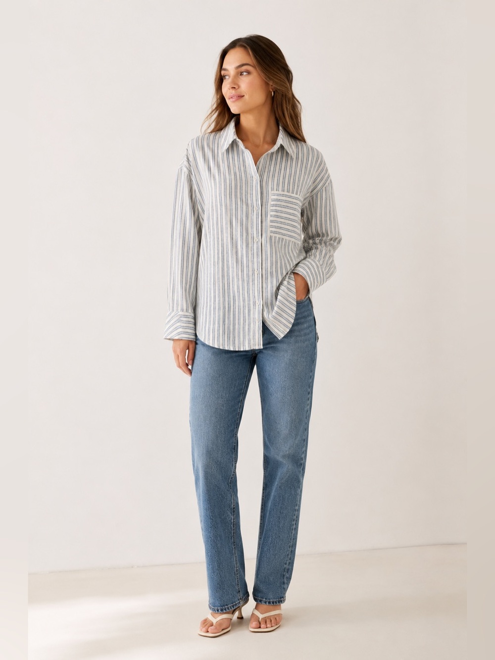 J Jason Wu Striped Linen Blend Button Down Shirt Blue Ivory XS